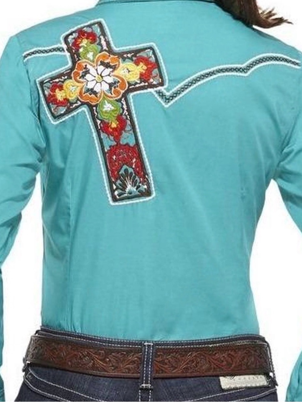 Ariat Turquoise Western Button-Down Shirt with Embroidered Cross